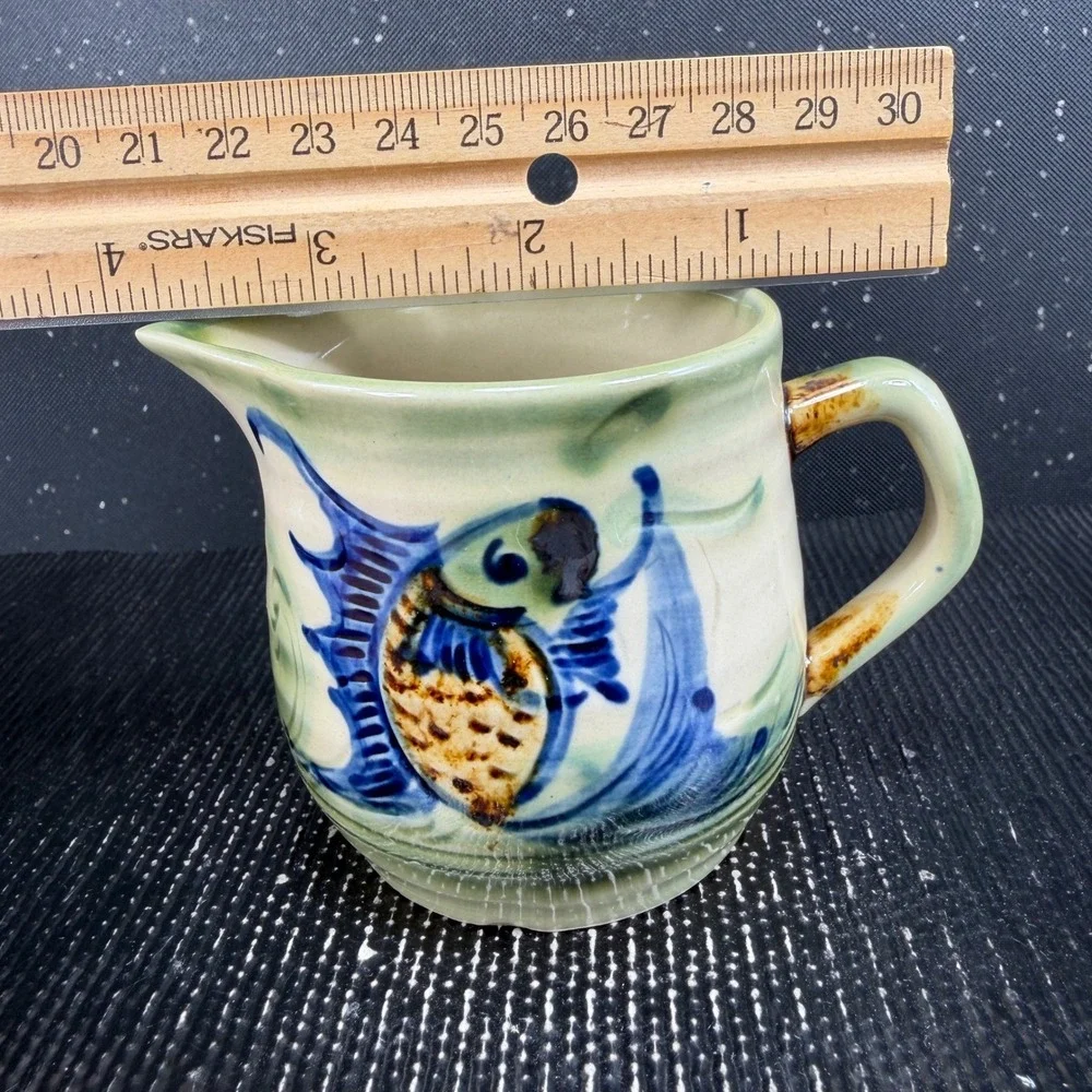 Tsuboya Ware Yachimun Japanese Pottery Creamer and Saucer Set Fish Design 3in